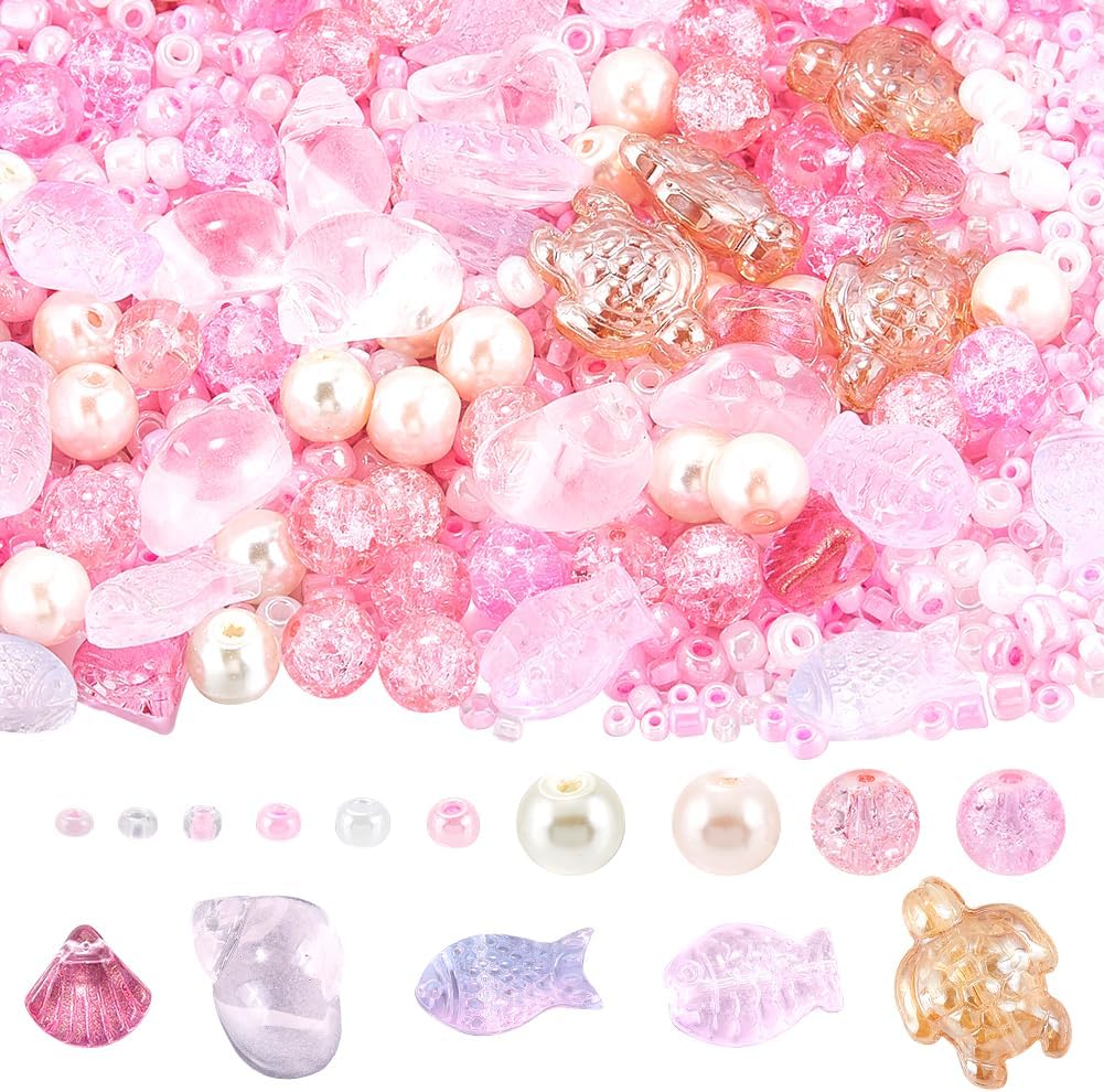 SUNNYCLUE 1 Box About 990pcs Ocean Bead Kit Sea Glass Beads Mini Clear Ab Summer Beach Themed Sea Animals Starfish Fish Turtle Sea Spacer for Jewelry Making Kits Bracelet Necklace Earrings Party Craft