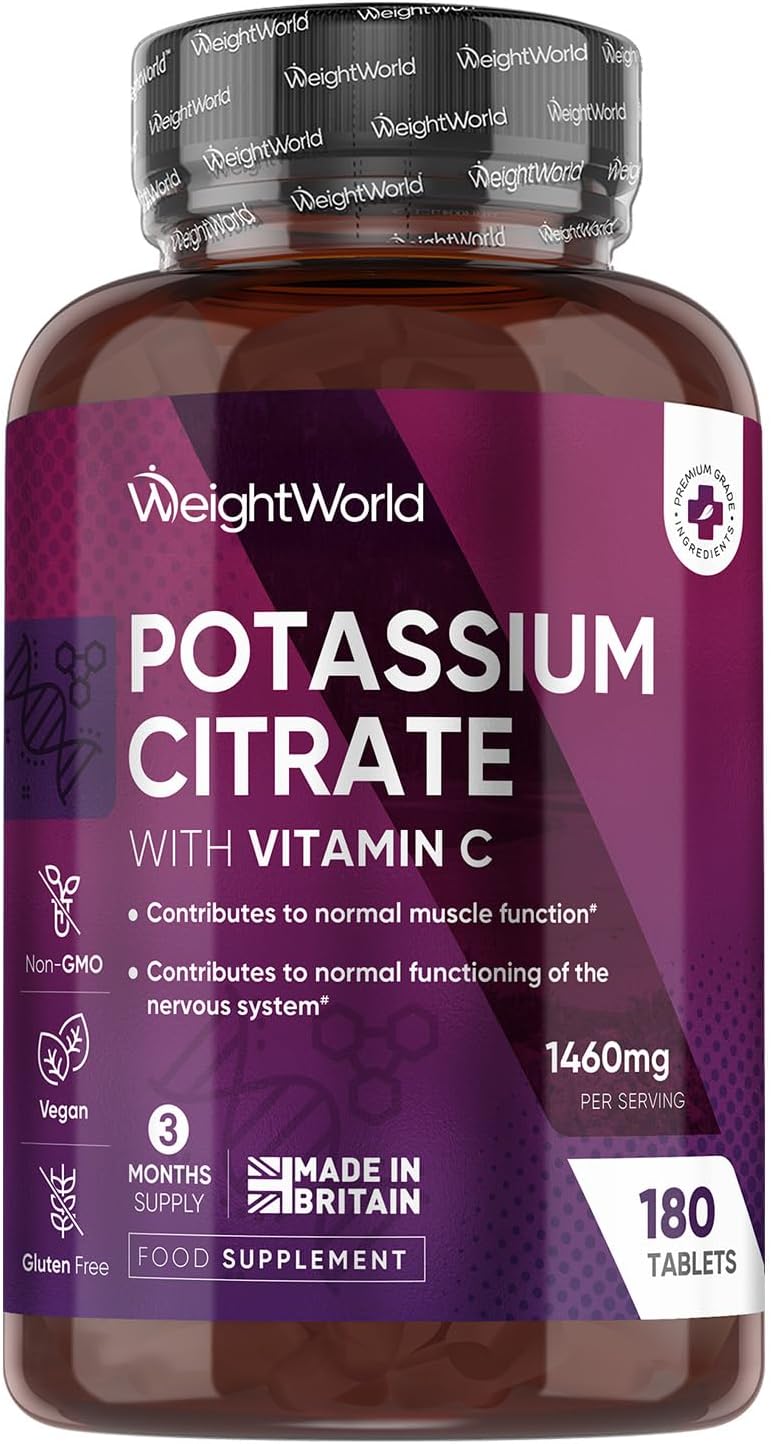 Potassium Supplements with Vitamin C 1460mg | 3 Months Supply | 180 Tablets | Electrolytes Tablets | Bioavailable Potassium Citrate Form | Non-GMO, Gluten-Free & Vegan-Friendly | Made in the UK