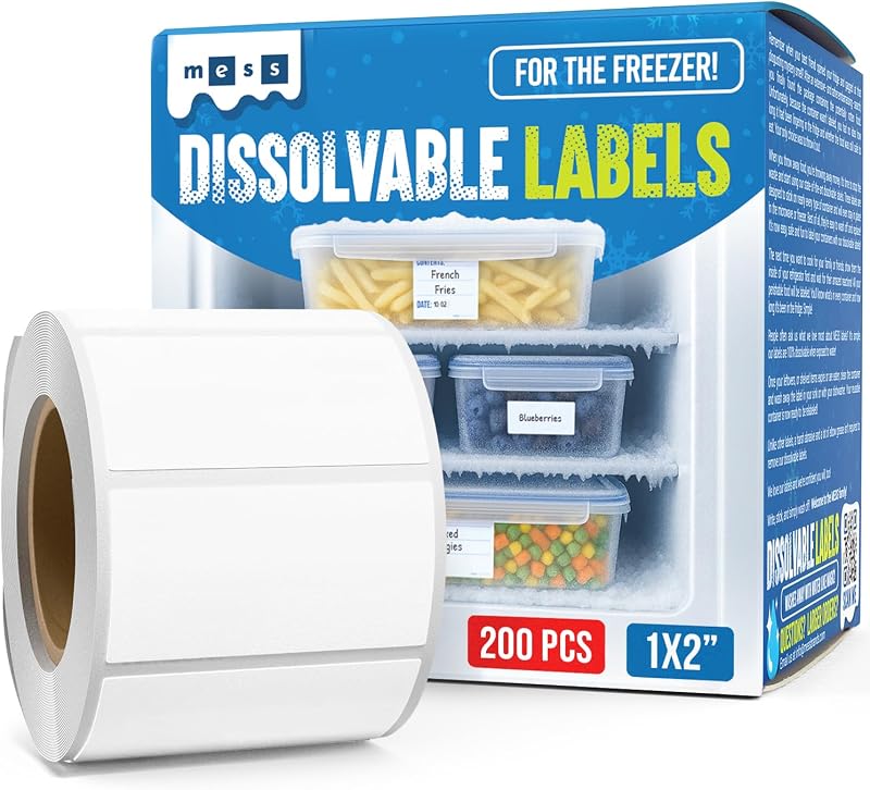 Freezer Labels 1x2 in 200/Roll, Dissolvable Fill in Canning Jar Stickers | Preprinted write on lines, use pen or marker, containers, bottles, food storage, meal prep, pantry, peels clean, no residue