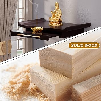 Wooden Wall - Mounted Altar Table with Pull-Out Board,Small Meditation puja Table,Chinese Fengshui Statue Display Shelf