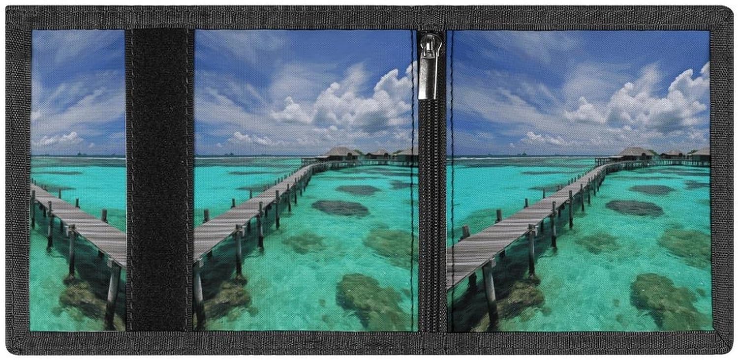 Maldives Scenery Trifold Wallet with Id Window 8 Card Slots Slim Security Wallet Card Cash Coin Holder Outdoor Travel Modern Fashion Purse Gifts for Men Women