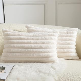 Mandioo Pack of 2 Decorative Throw Pillow Covers Faux Fur Striped Plush Soft Cushion Covers Pillow Cases Bedroom Living Room Sofa Home 12x20 Inch 50 x 30 cm Cream White