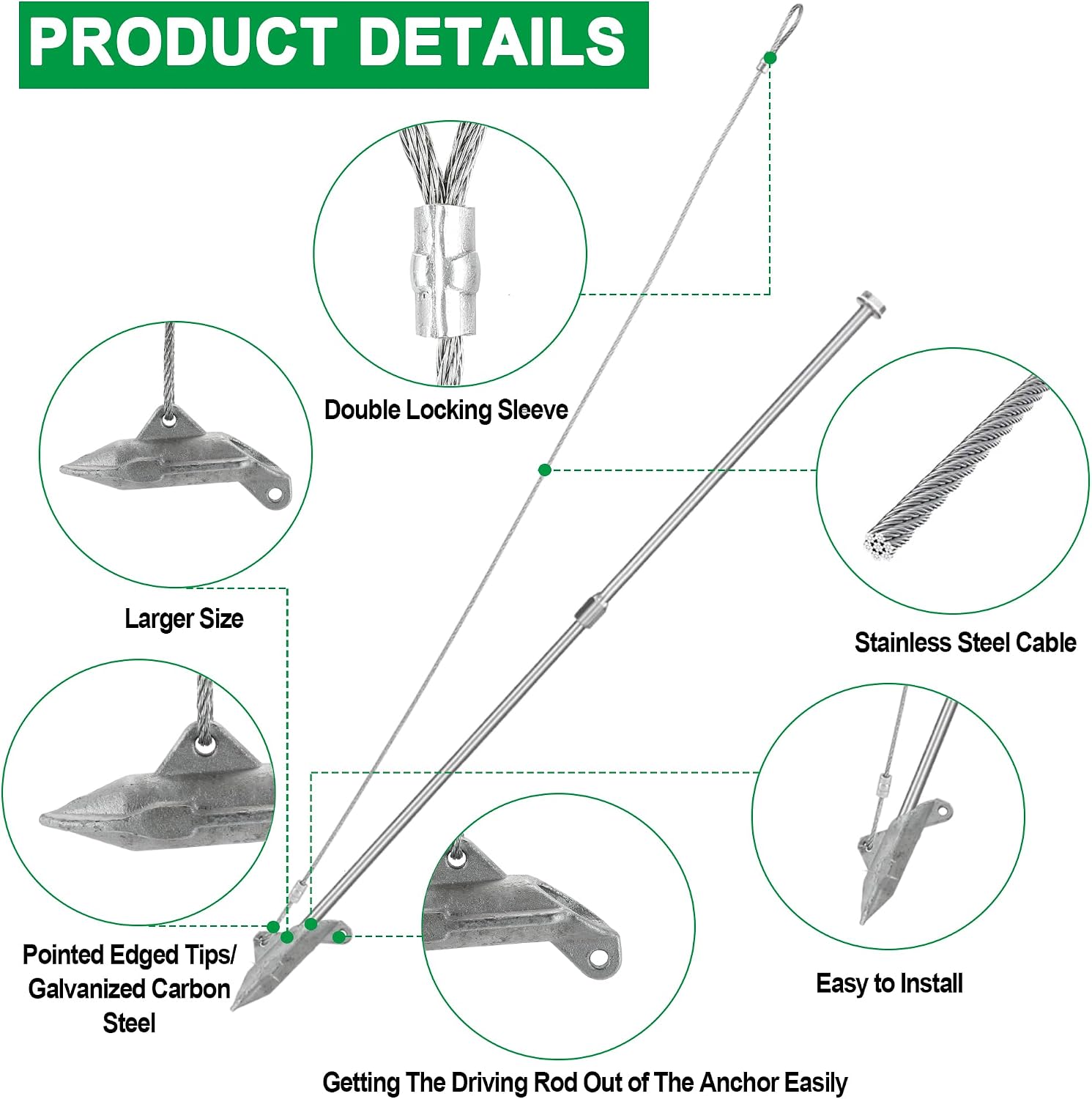 (6 Pack) Drive-In Ground Earth Anchors with Rod, 30inch Cable Earth Anchor Heavy Duty for High Winds, Easy Hook Anchor for Fixing Shed, Carports, Tent, Swing Set, Greenhouse, Gazebo.