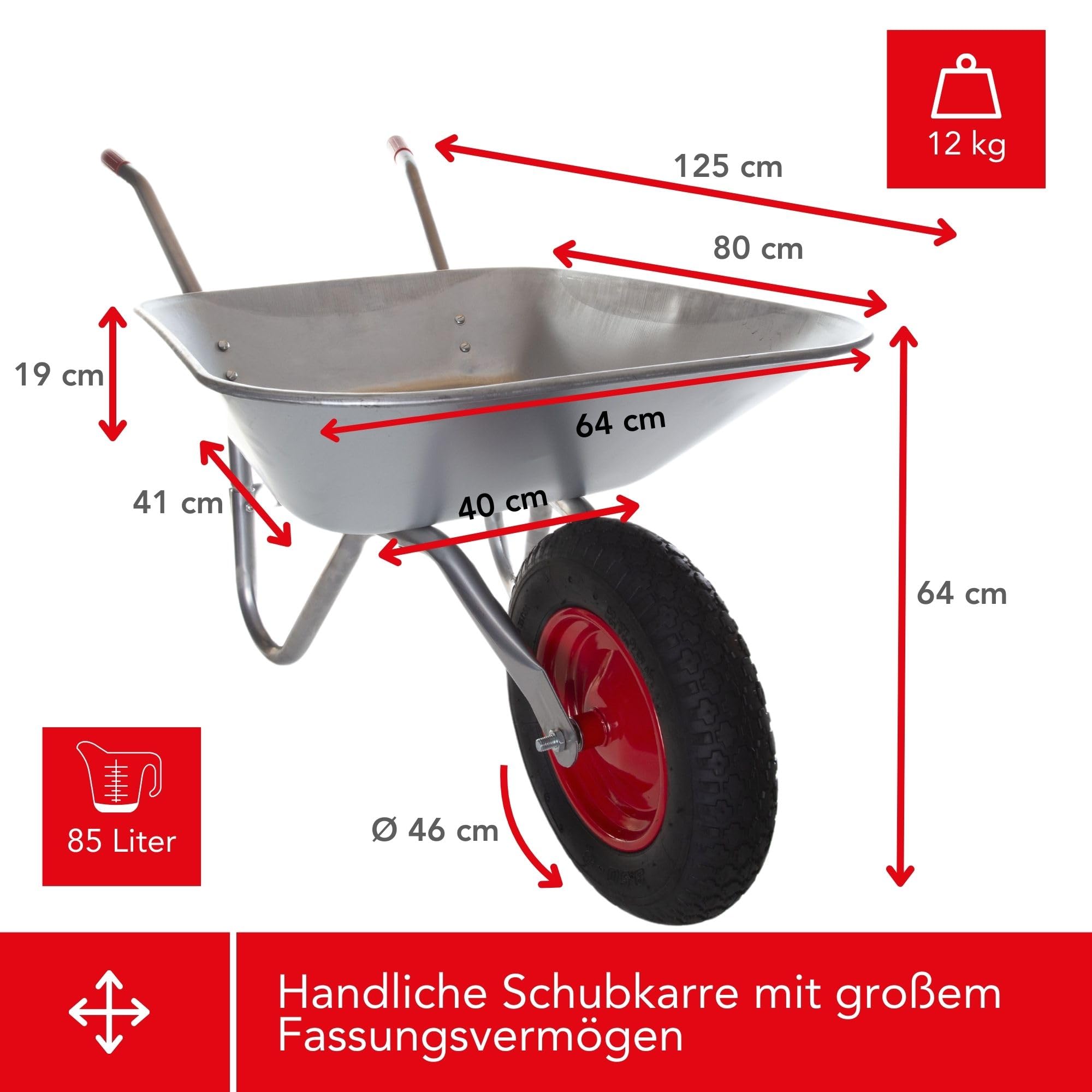Toolland Schubkarre 85 Liter, BAU Schubkarre mit verzinkter Stahlmulde, 350 mm Luftreifen, 12 kg leicht, Gartenkarre für Sand Erde Schutt und Gartenabfälle