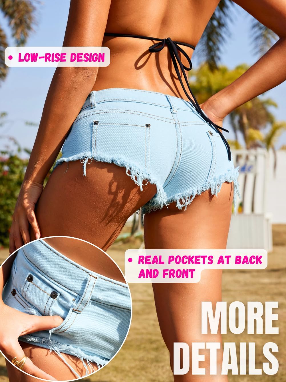 Women Sexy Cowgirl Booty Jean Shorts, Low Rise Pockets Cheeky Mini Ripped Jeans, Micro Denim Hot Pants Rave Outfits - Image 4