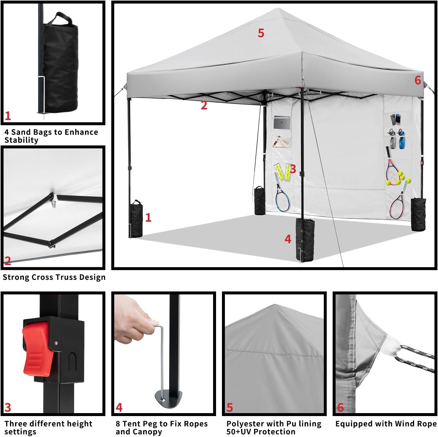 Gray 10x10 FT Pop Up Canopy Tent with 1 Sidewall, Heavy Duty Canopy for Outdoor, Commercial Instant Gazebos, for Party, Patio, by Kendane.