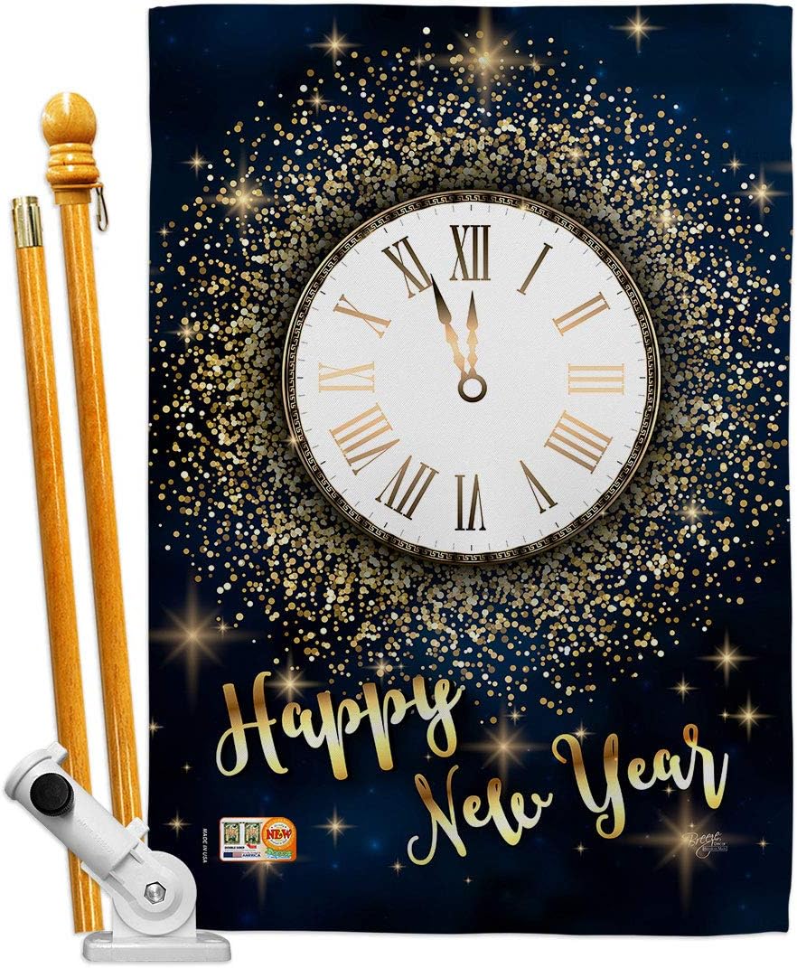 Countdown New Year House Flag Dowel Set Clock Champagne Party Fireworks Celebrate Small Decorative Gift Yard Banner Double-Sided Made In USA 28 X 40