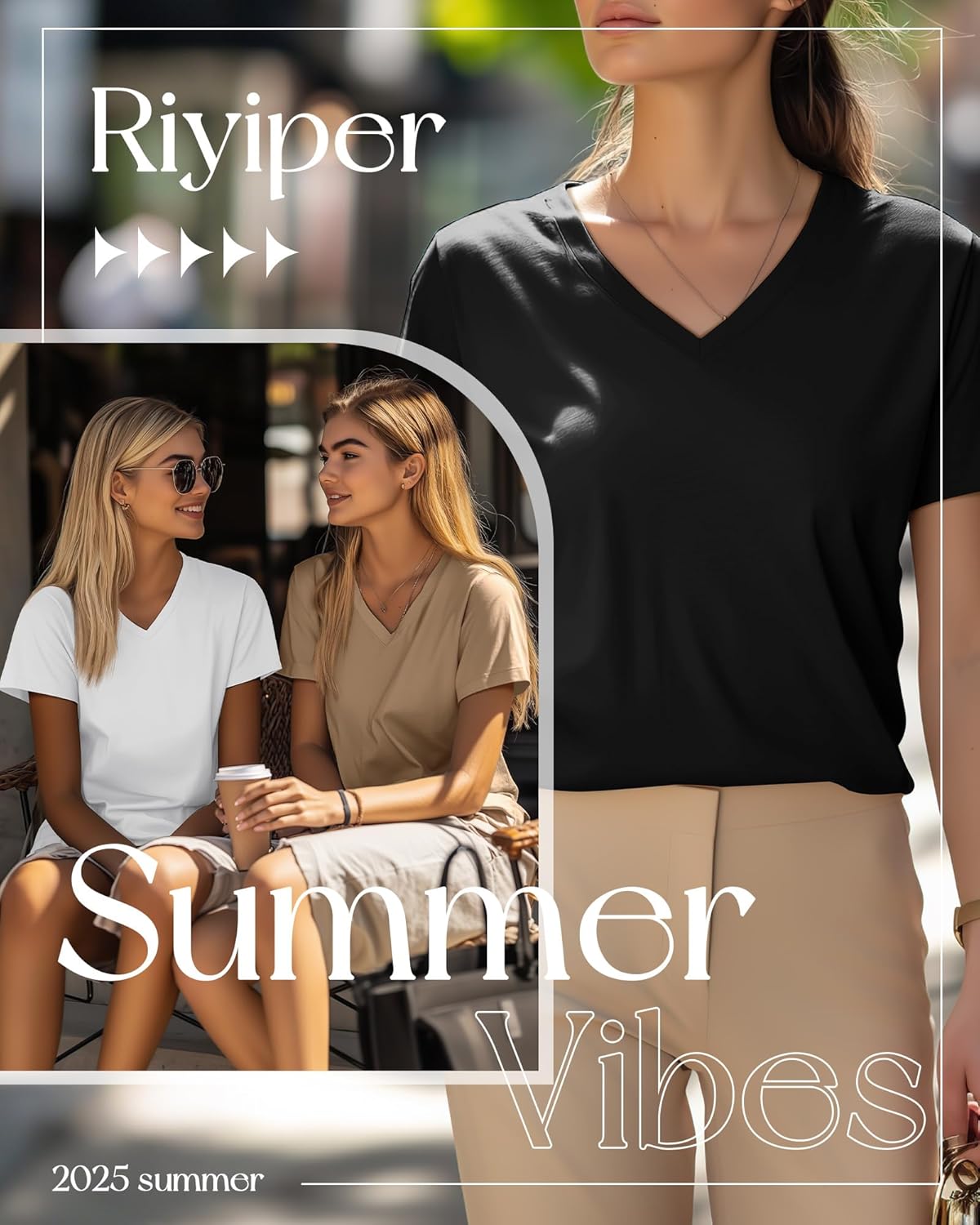 Riyiper 4 Pack Women's V Neck T Shirts Short Sleeve Casual Tunic Tops Loose Fit Summer Curved Hem Basic Tee - Image 2