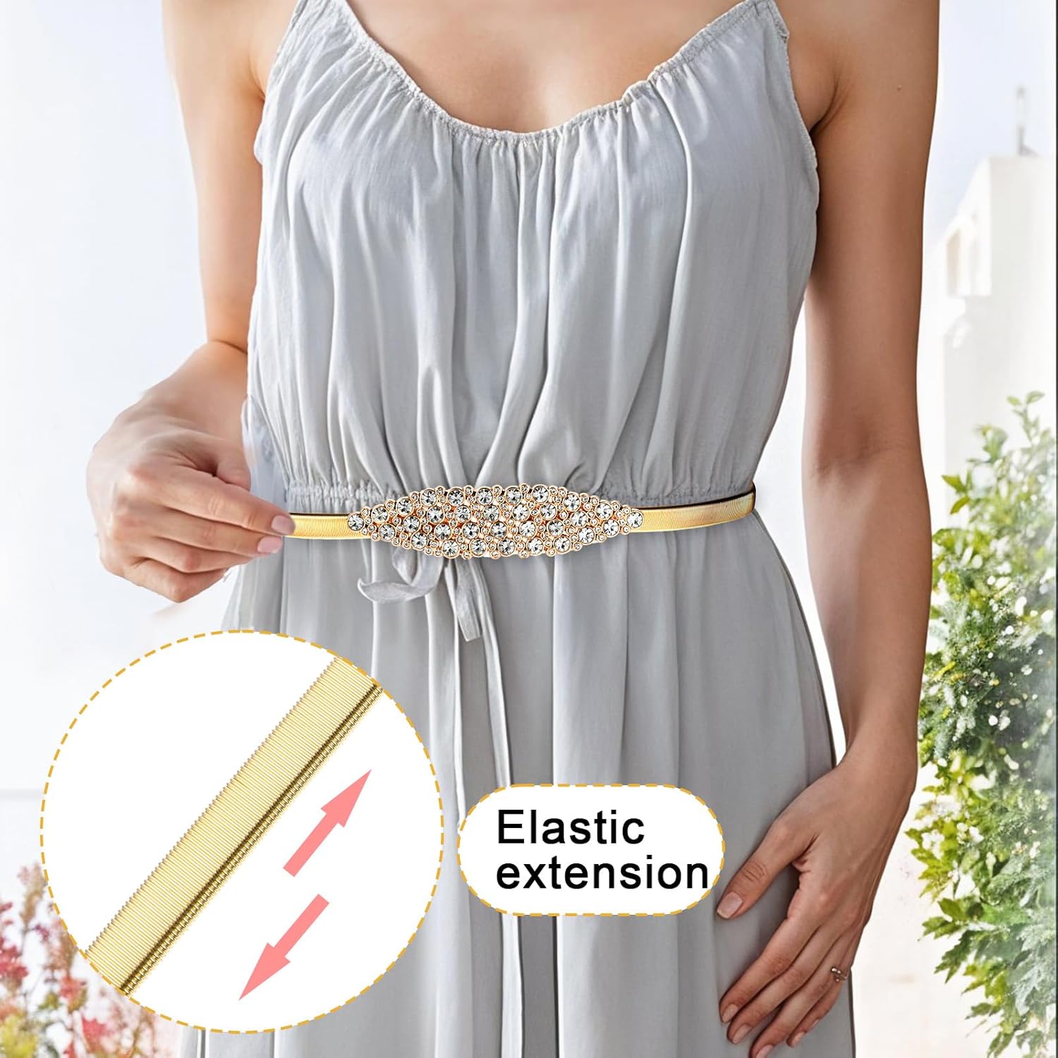 Women Skinny Stretch Metal Waist Belt, Thin Elastic Chain Belt for Dress, Rhinestone Belts gold Belts for Women(Adjustable from 23.62 inches to 28.34 inches) - Image 6