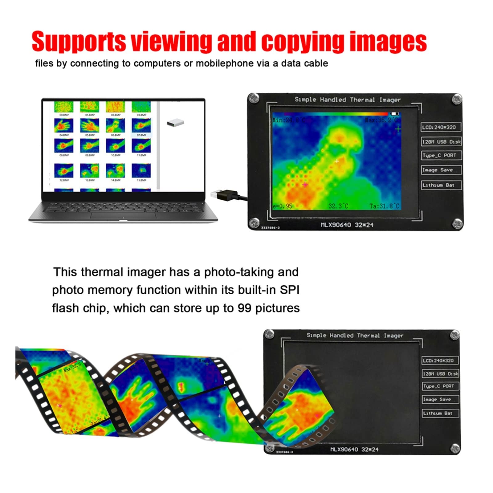 Cámara térmica Cámara termográfica infrarroja de Mano, Pantalla LCD de 2,8 Pulgadas, resolución de 240x320, cámara de imágenes de definición Clara, Instrumento de medición Diseño Compacto