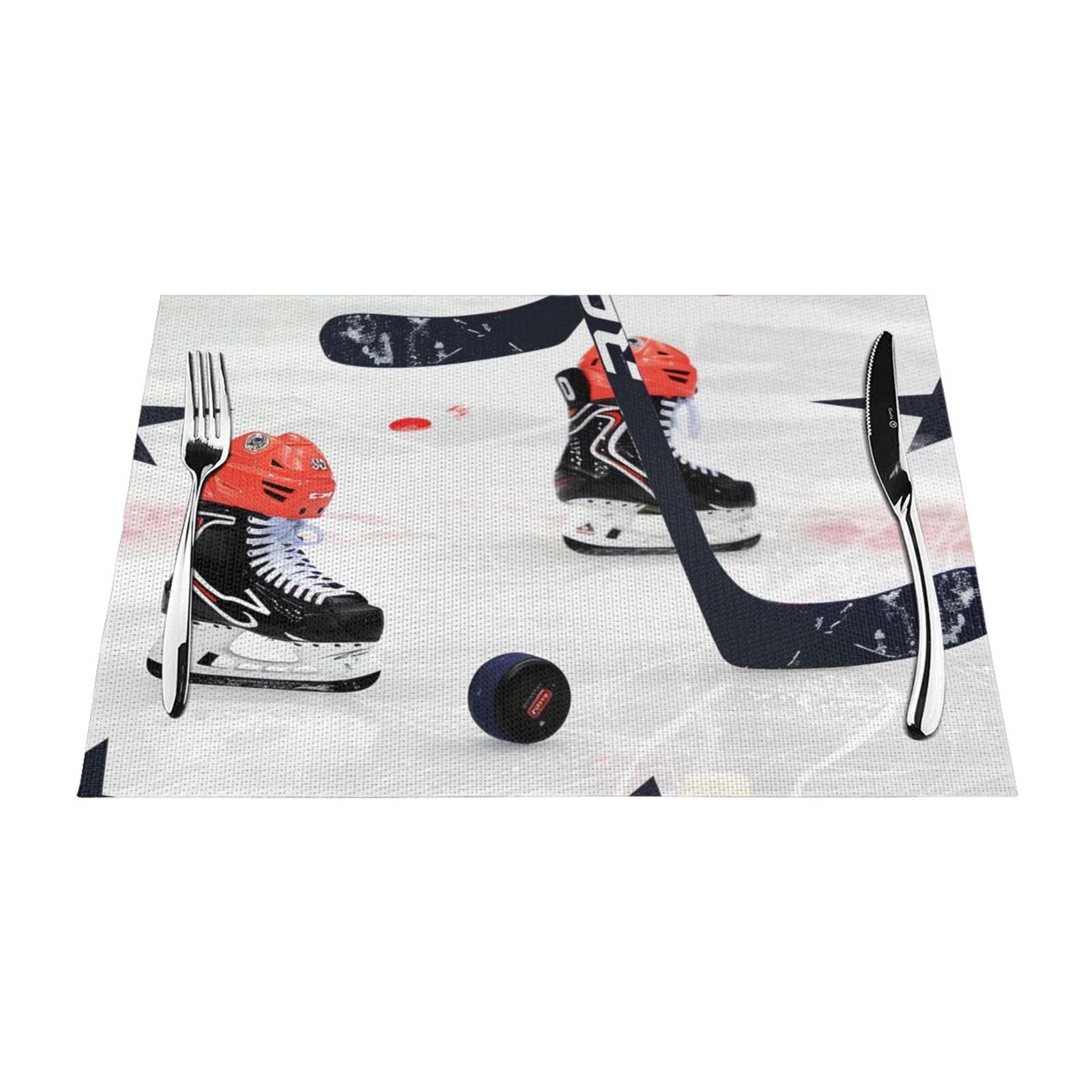 Ice Hockey Pattern Printed PVC Placemat 6 PCS for Kitchen Dining Table Heat-resistand Washable Table Mats 18x12 in