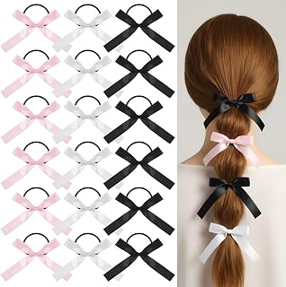 18PCS Silky Satin Hair Bows Ties for Girls, Pink/White/Black | Bowknot Ribbon Ponytail Holders, Ribbon Hair Bows for Women Girls, Elastics Hairscrunchies for Thick Thin , Elastic Hairbands