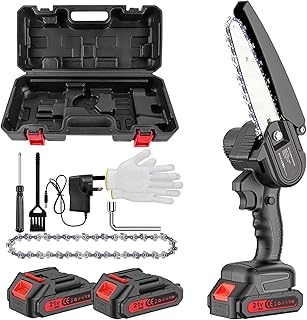 Mini Chainsaw 6 Inch, Electric Chainsaw, Battery Chainsaw Cordless, Handheld Chainsaw Portable for Tree Branches, Courtyard, Household and Garden, with 2 Battery