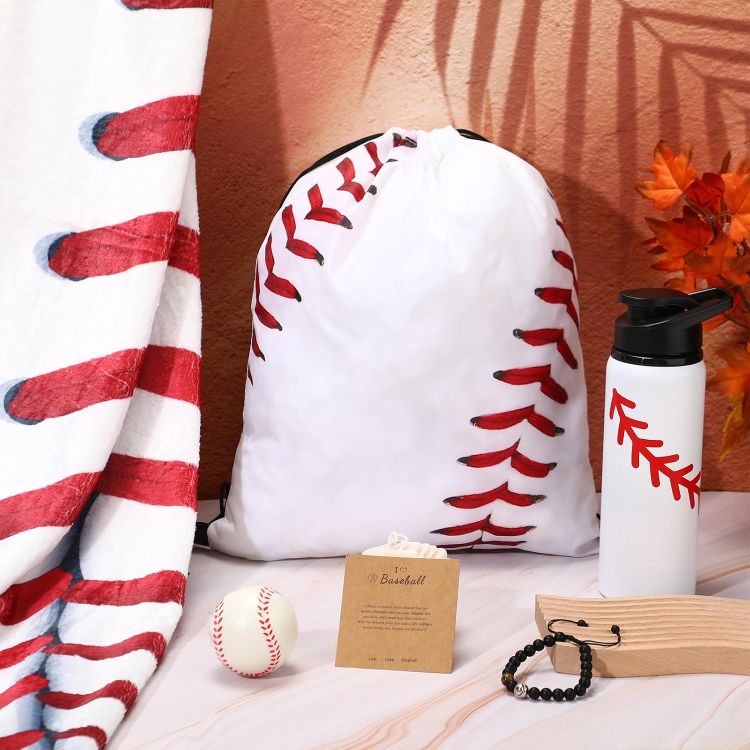 Baderke 5 Pcs Baseball Gifts Set Include 50 x 60 Soft Throw Blanket 20 oz Water Bottles White Baseball Drawstring Bag Gifts Bracelet for Boy Men Party Favors