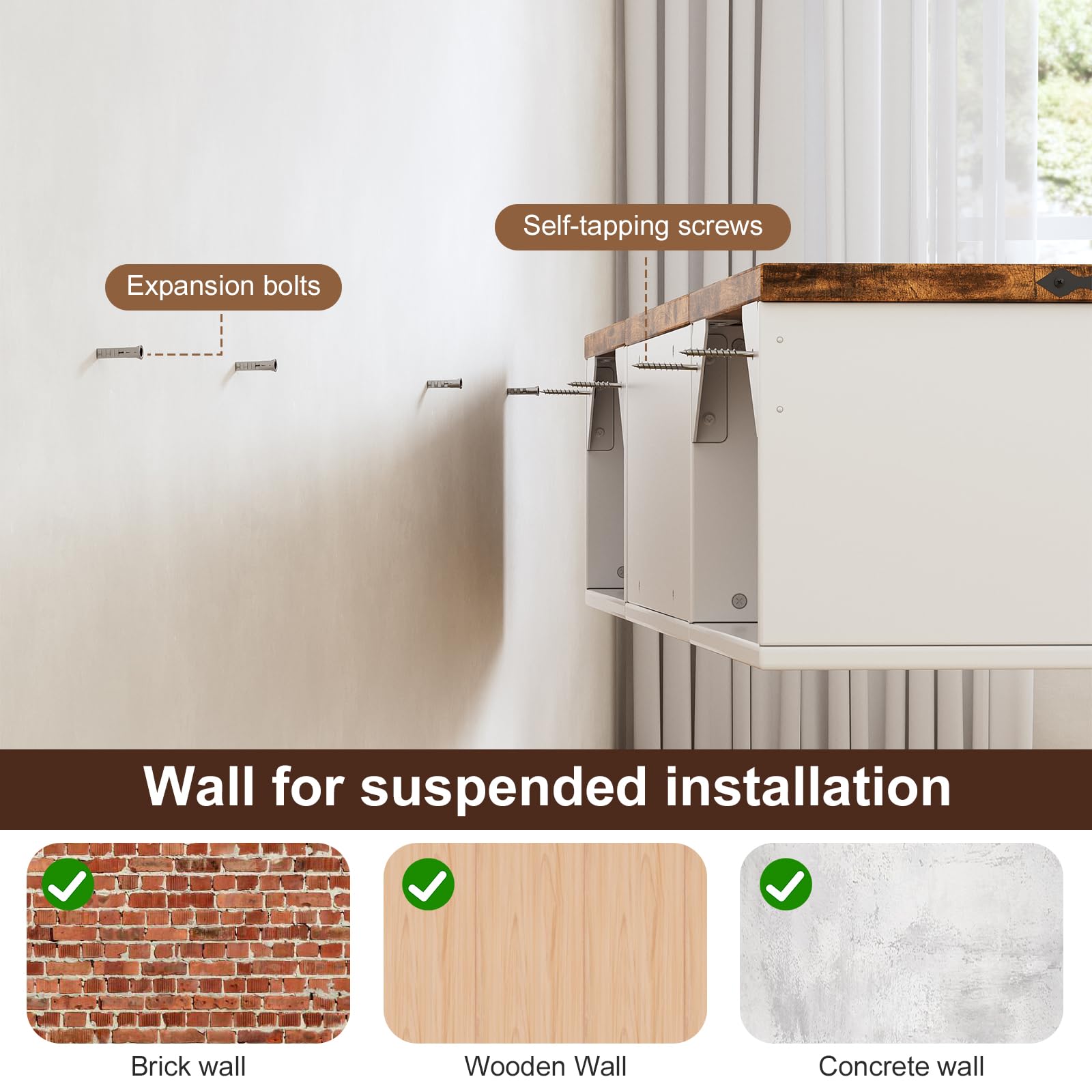 Mobile Porta TV Sospeso con Striscia di Alimentazione e Luci LED, Mobiletto TV a Muro Stile Rustico Farmhouse, Console Multimediale Fluttuante con Ante per Soggiorno, Bianco e Legno