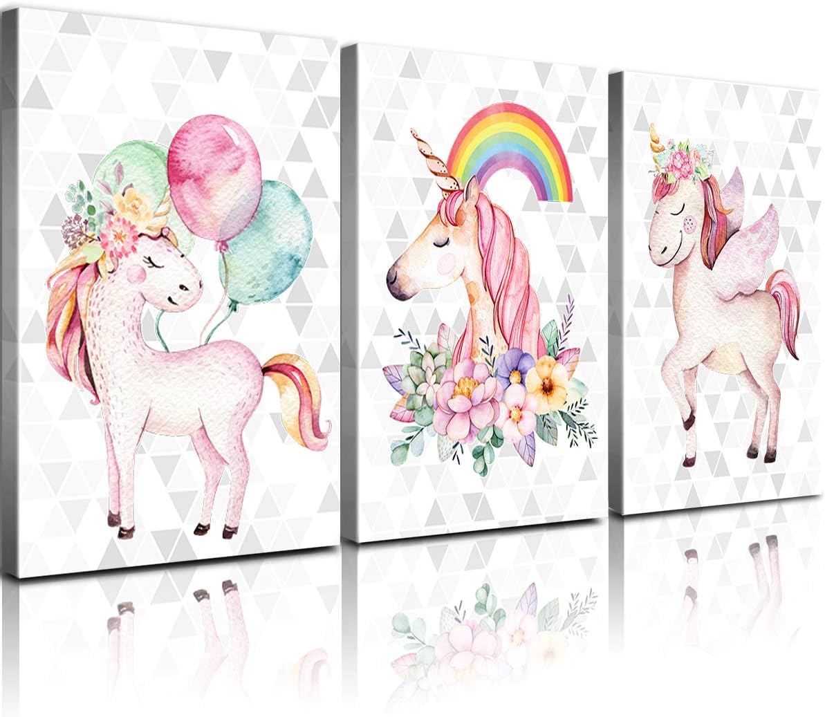 Unicorn Wall Decor Framed Canvas Art Prints Sweet Pink Horse Flower Balloon Rainbow Pictures Posters Modern Artwork Paintings Home Wall Decoration Girls Room Kids Bedroom Gift Set of 3 Panels 30x40