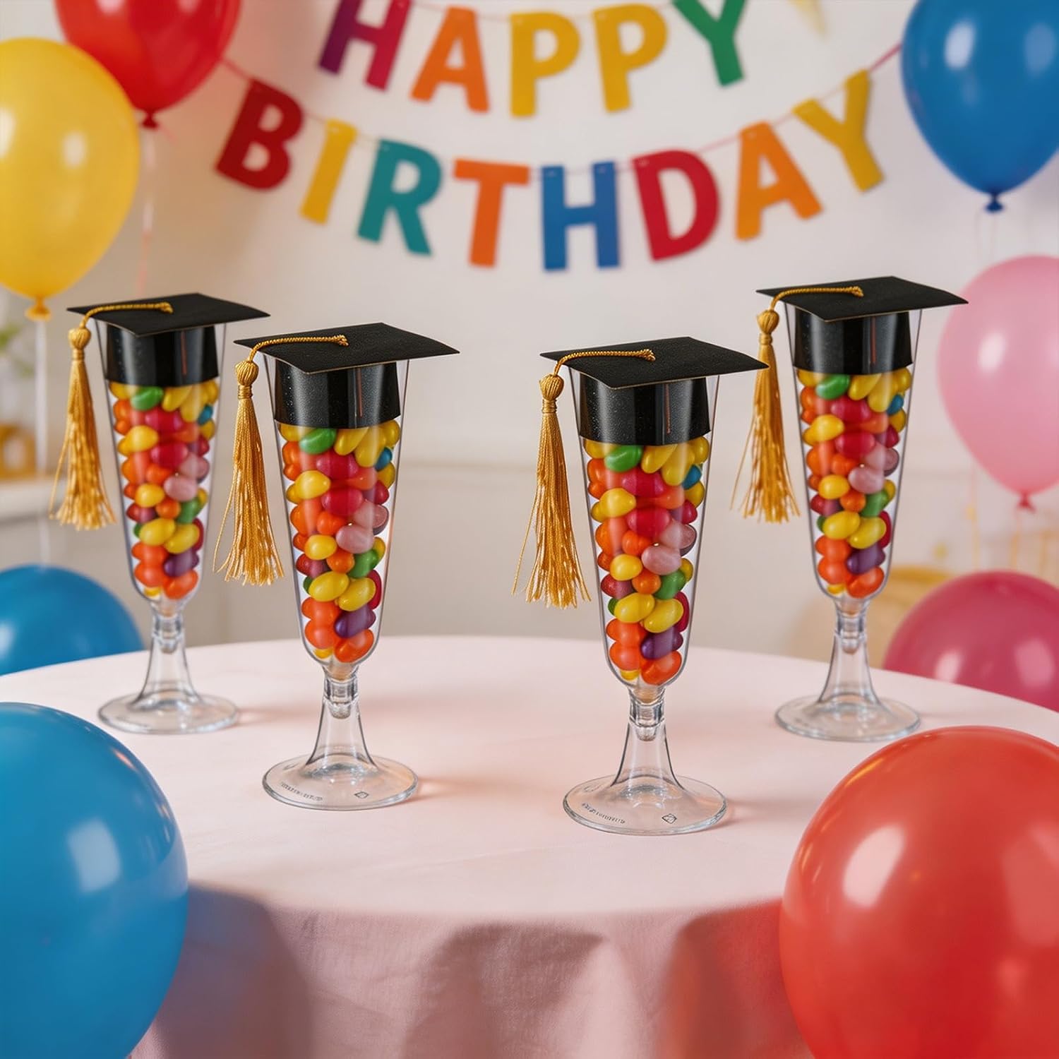 24 Set Graduation Cap Champagne Plastic Flutes, Mini Grad Cap Bottle Toppers Goblet Covers, DIY Graduation Favors for Table Decor (Black)