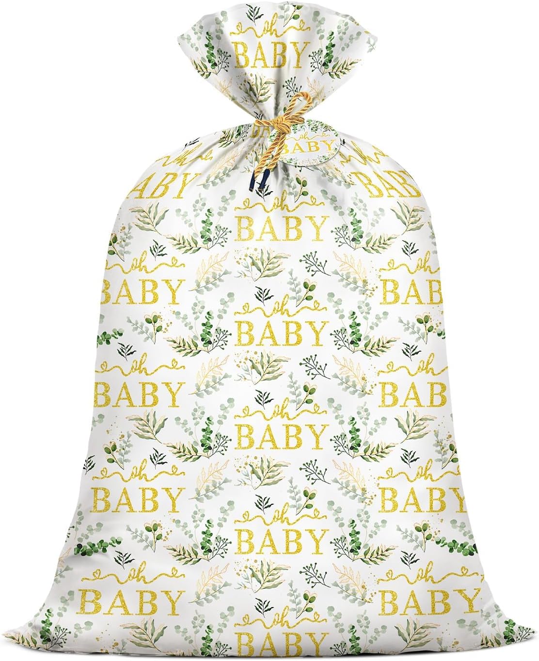 Extra Large Baby Gift Bag 48"x 36" Jumbo Plastic Present Bag Eucalyptus Leaves Shower Birthday Large Gift Wrapping Bags Oversized Oh Baby Sage Green Gender Reveal Party Favors