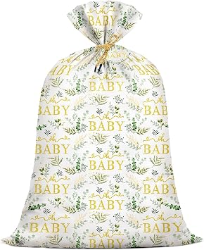 Extra Large Baby Gift Bag 48"x 36" Jumbo Plastic Present Bag Eucalyptus Leaves Shower Birthday Large Gift Wrapping Bags Oversized Oh Baby Sage Green Gender Reveal Party Favors
