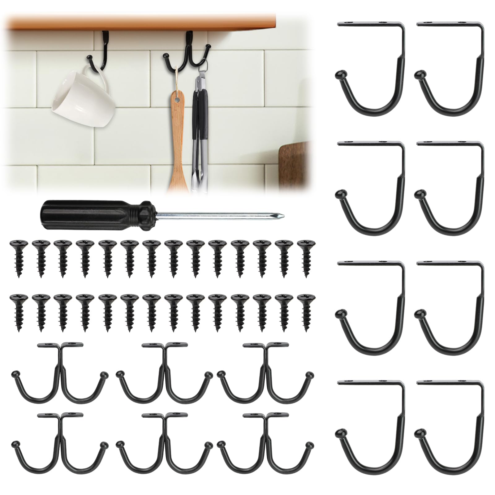 14 Pcs Mug Hooks Under Shelf,Black Cup Hooks Screw In,Metal Mug Holder Under Cupboard Cup Organiser Holder for Kitchen Utensils,Coffee Tea Cups,Pots Pans,Coat Hat Tie,Planters (8 Single + 6 Double)