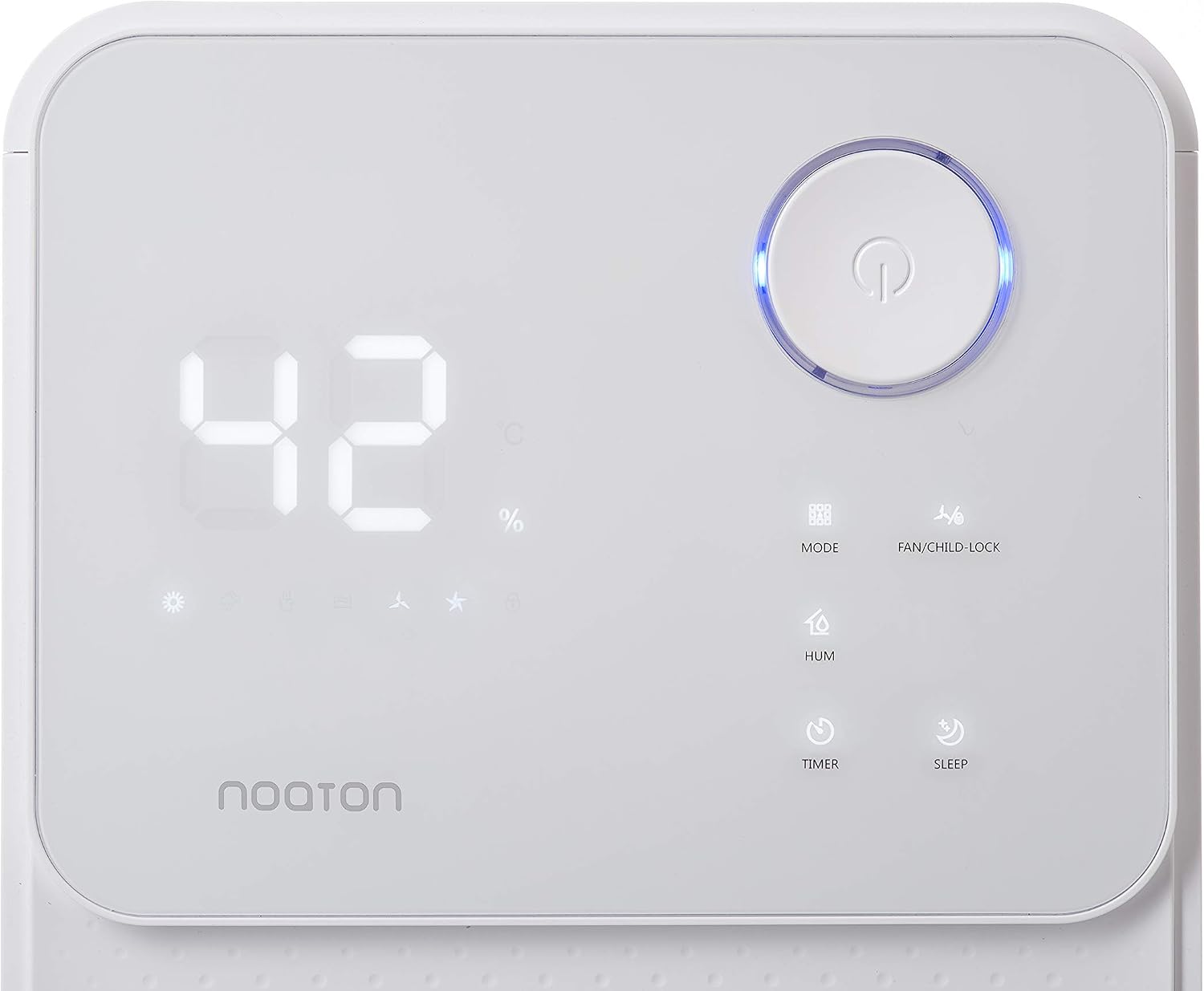 Close-up of Noaton DF 4114 control panel with buttons for Power, Mode, Fan/Child Lock, Hum, Timer, and Sleep
