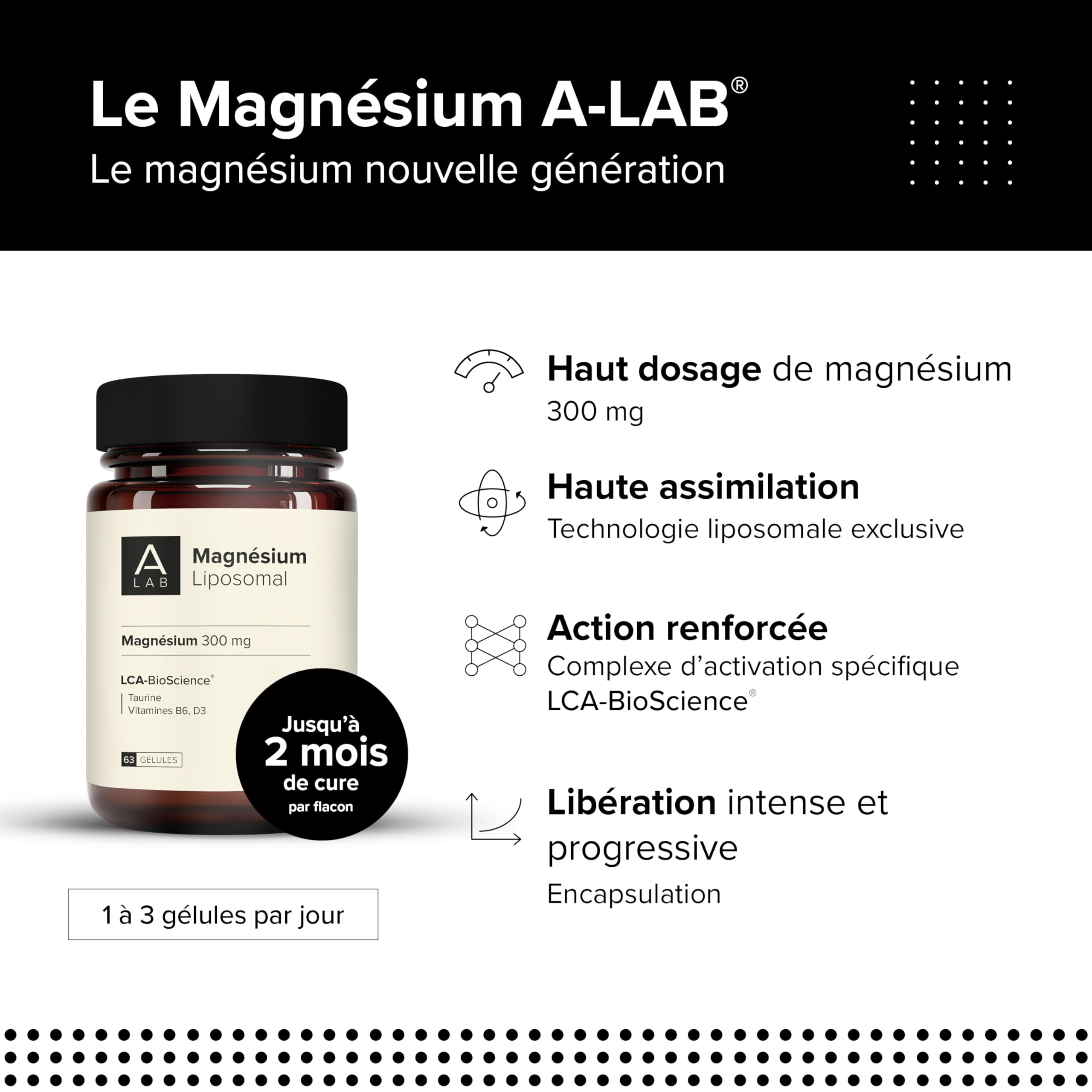 A-LAB Magnesium Liposomal 300 mg - Anti Stress, Fatigue, Troubles Du Sommeil - Magnésium, Taurine, Vitamine D3, Vitamine B6-2 mois de prise - Fabriqué en France