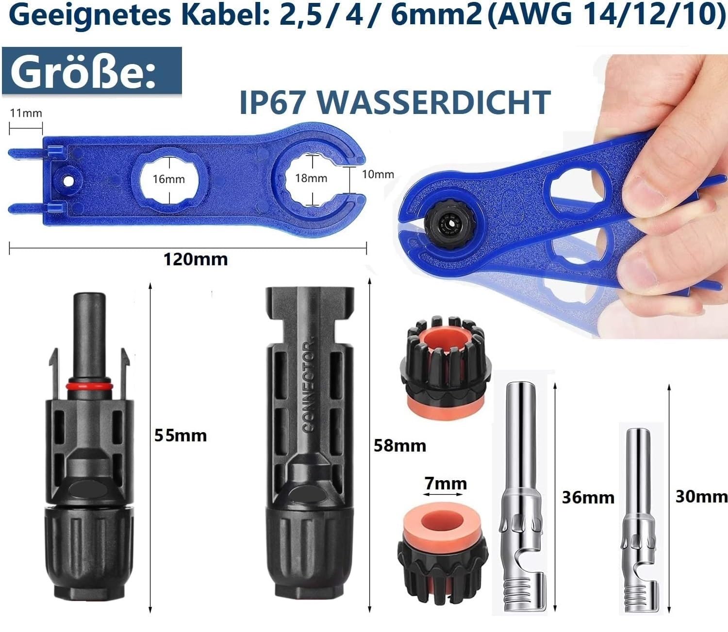 Set di 18 paia di connettori solari, spina solare Ip67, impermeabile, spina Pv compatibile con cavo solare da 6 mm2 – 4 mm2, impianto solare