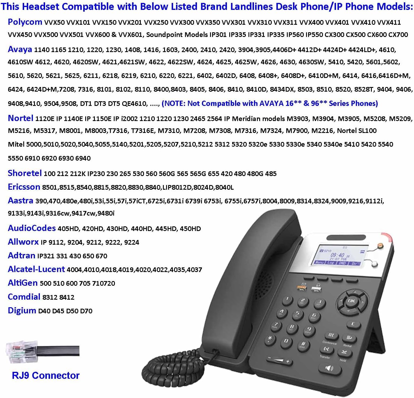 Corded Telephone Headset with Noise Cancelling Mic RJ9 U10P Bottom Cable Compatible with Polycom VVX, Avaya Digital, Fanvil, AudioCodes, Nortel, Office Call Center Landline Deskphones