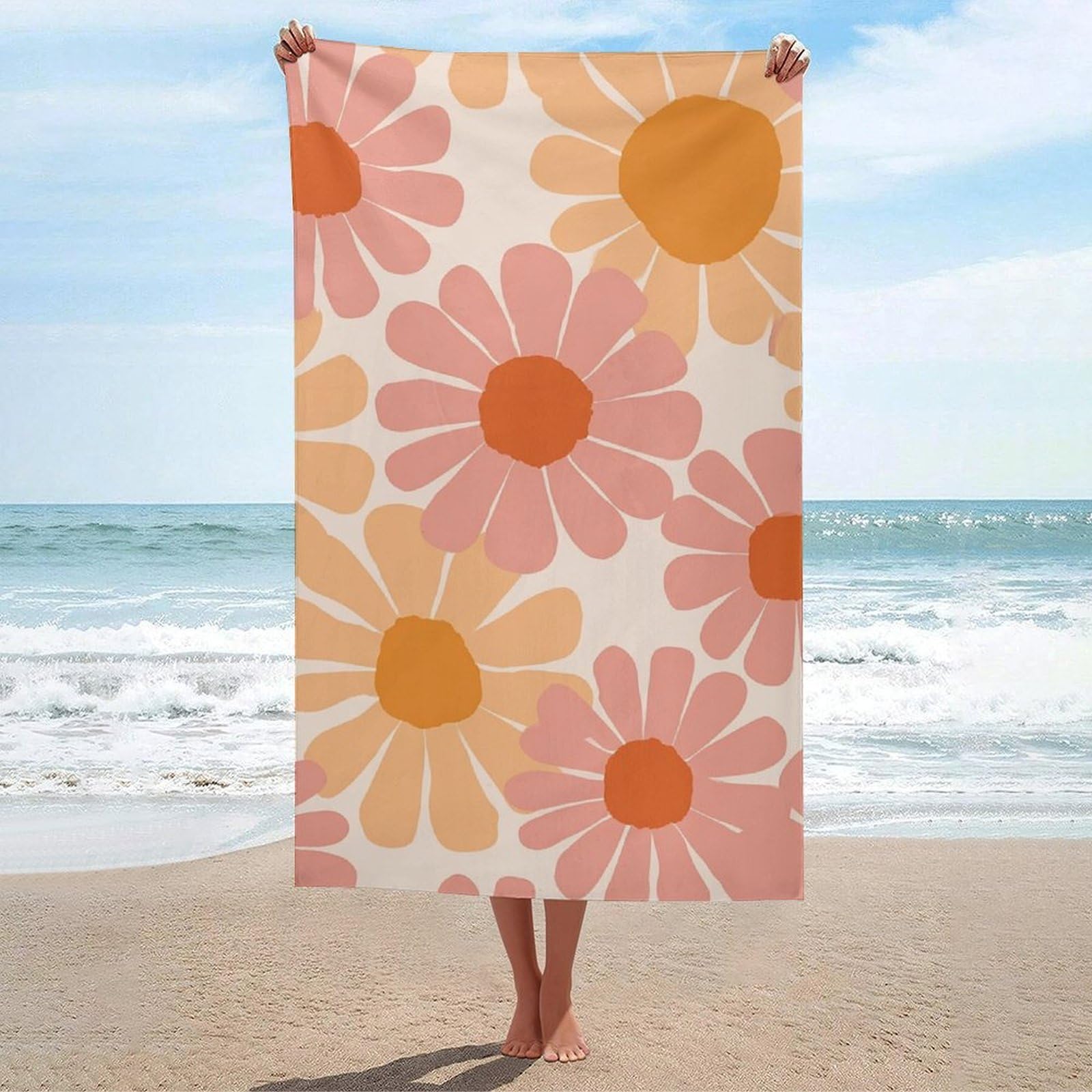 asbwuo Pink Orange Peach Daisy Retro Flowers Beach Towel