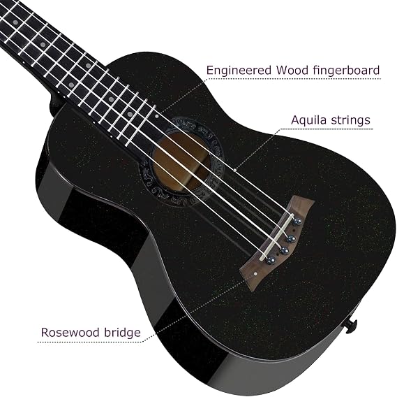 Ranch 26 Tenor Ukulele, Black Glossy Maple, Small Hawaiian Guitar | 26-inch tenor ukulele features glossy maple wood, stable alloy pegs, and nylon strings for professional, deep, full tone