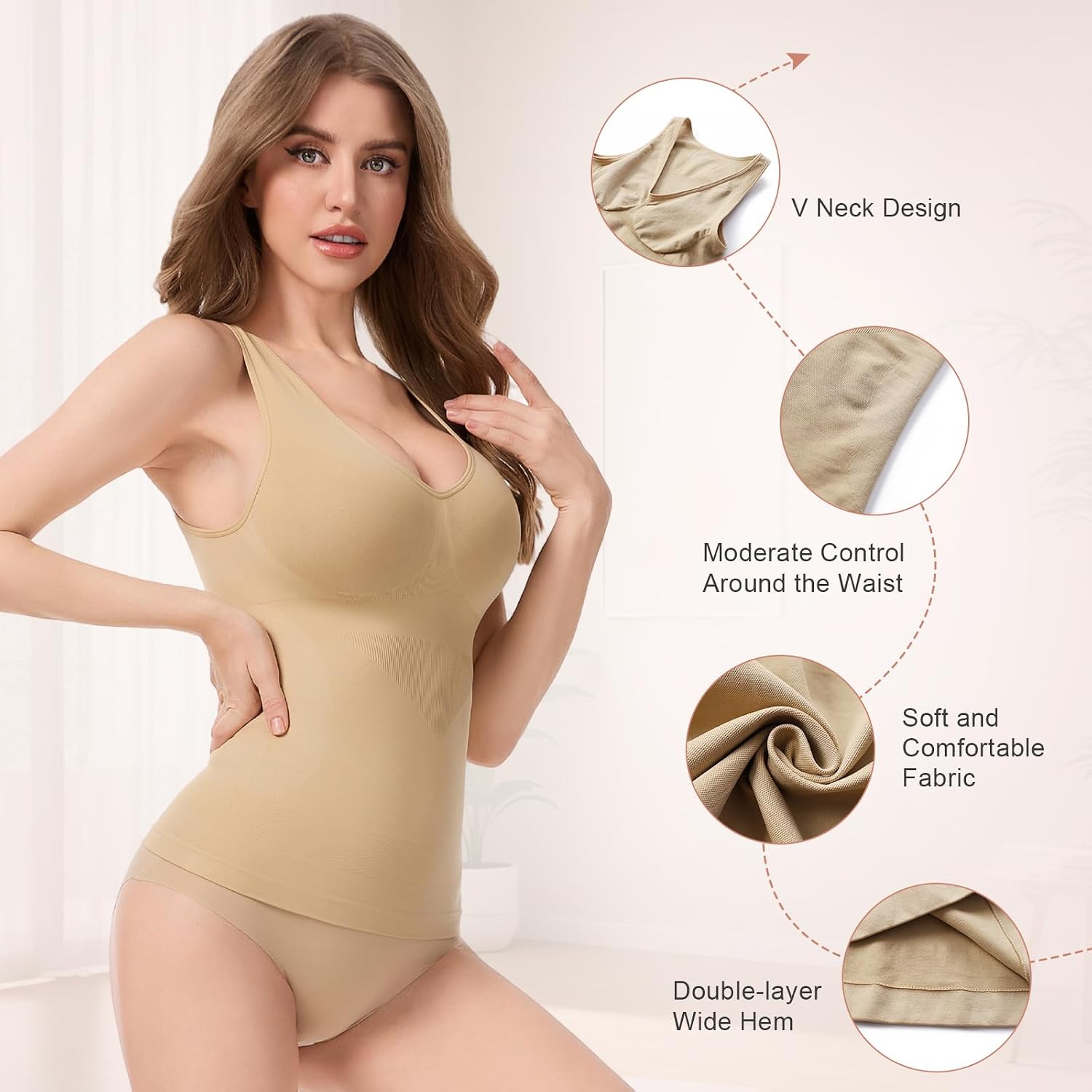 Women's Shapewear Tank Tops V Neck Tummy Control Compression Tops Seamless Body Shaper Camisole Shaping Cami