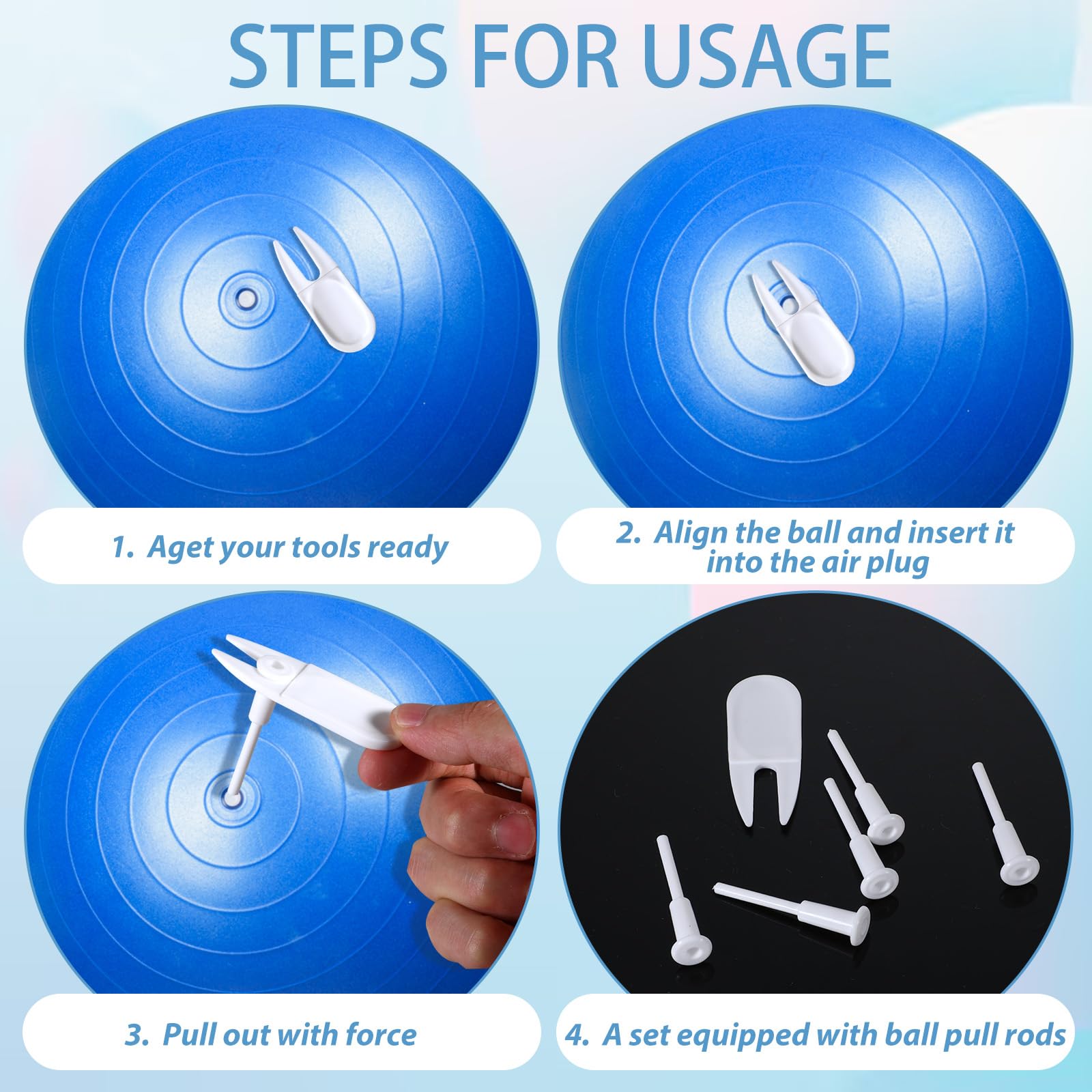 TIESOME Kit de rechange pour ballon de yoga, balle de yoga, balle de yoga, balle de Pilates, petit ballon de gymnastique, 1 dispositif de retrait et 5 bouchons d'air, blanc