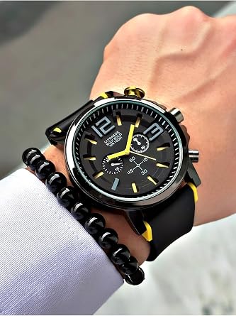 Özel Seri Lüks Silikon Kordon Premium Spor Erkek Kol Saati, Sarı, Bileklik Hediyeli