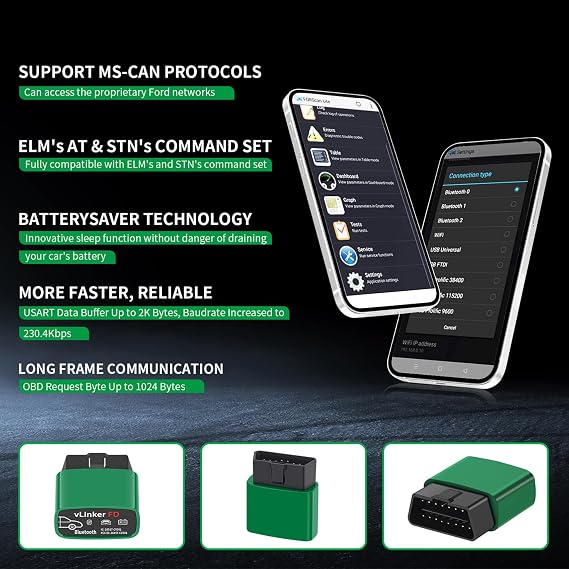 أداة تشخيص الماسح الضوئي VGATE vLinker FD Bluetooth OBD2، وقارئات رموز السيارة وأدوات المسح الضوئي لنظامي التشغيل Android وWindows (وليس iOS)، ومحول OBD2 اللاسلكي، وتشخيص تلقائي لجميع الأنظمة لفحص ضوء المحرك