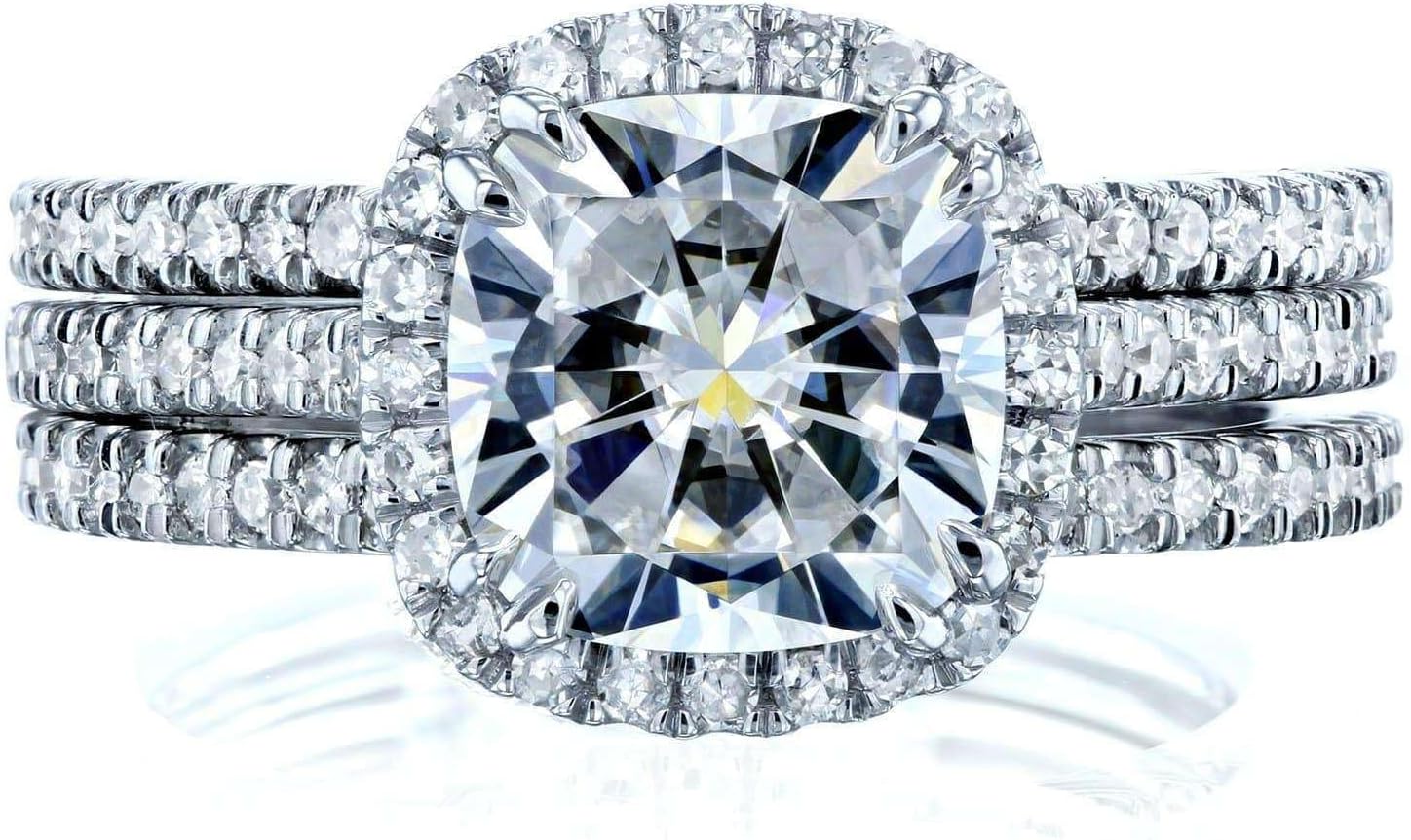 Kobelli Cushion Brilliant Moissanite Halo Bridal Wedding Rings Set 2 1/2 CTW 14k White Gold, 9.5
