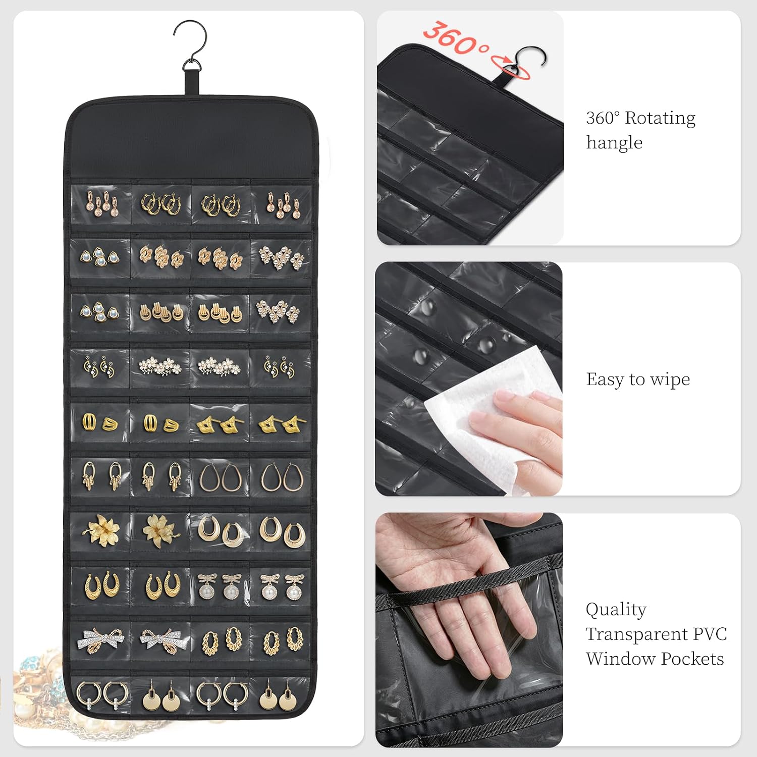 FOREGOER Hanging Jewelry Organizer Roll with 80 Pockets Earring Holding