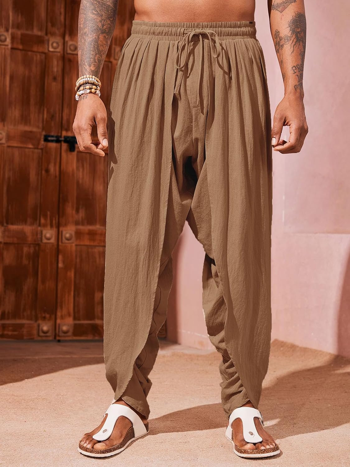 Runcati Mens Linen Harem Pants Casual Elastic Waist Pants Baggy Boho Yoga Hippie Summer Beach Kurta Dhoti Trousers - Image 2