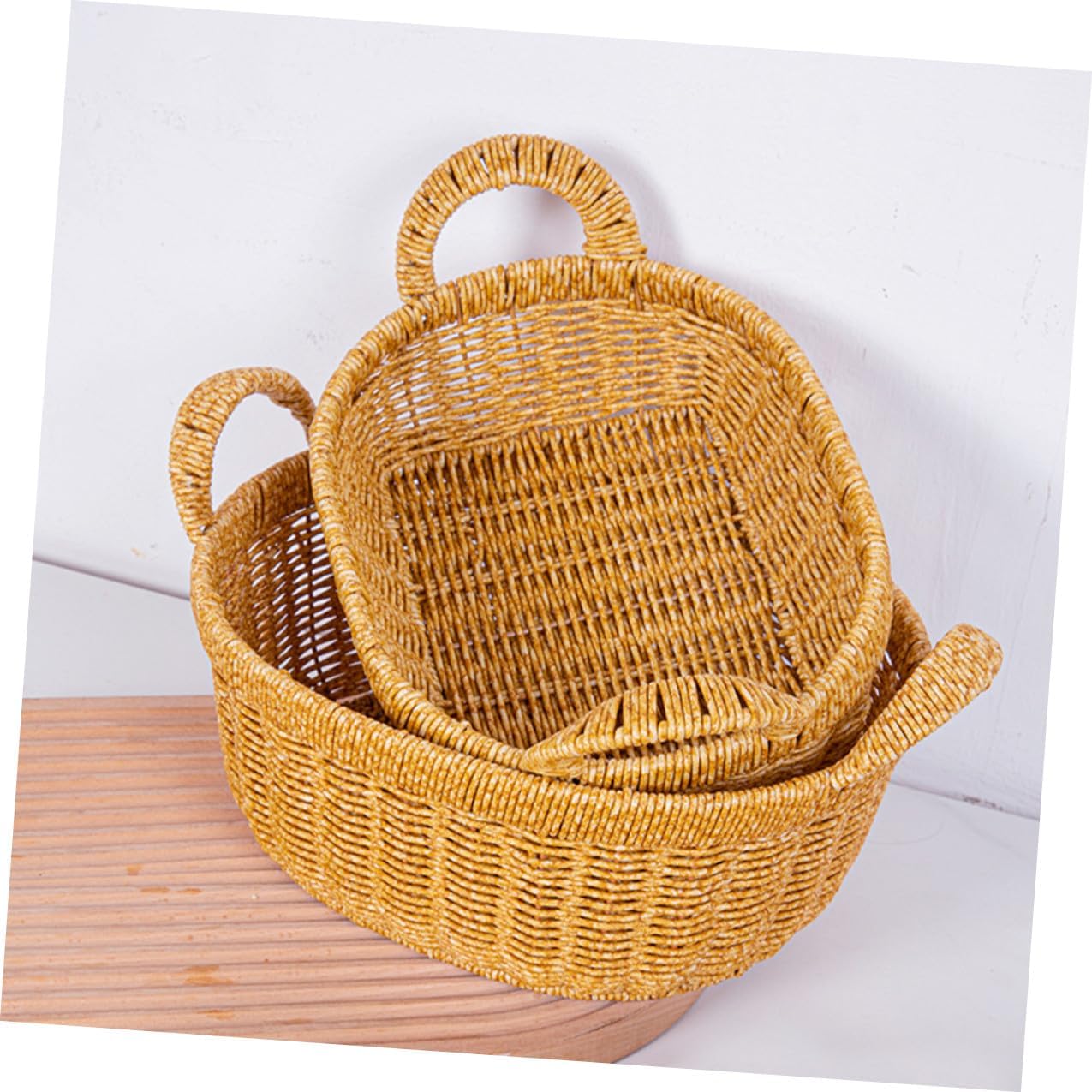 SECFOU Simulated Rattan Serving Tray Bread Basket with Handles Large Oval Deep Snack and Fruit Container for Kitchen Countertop and Outdoor Picnic Use