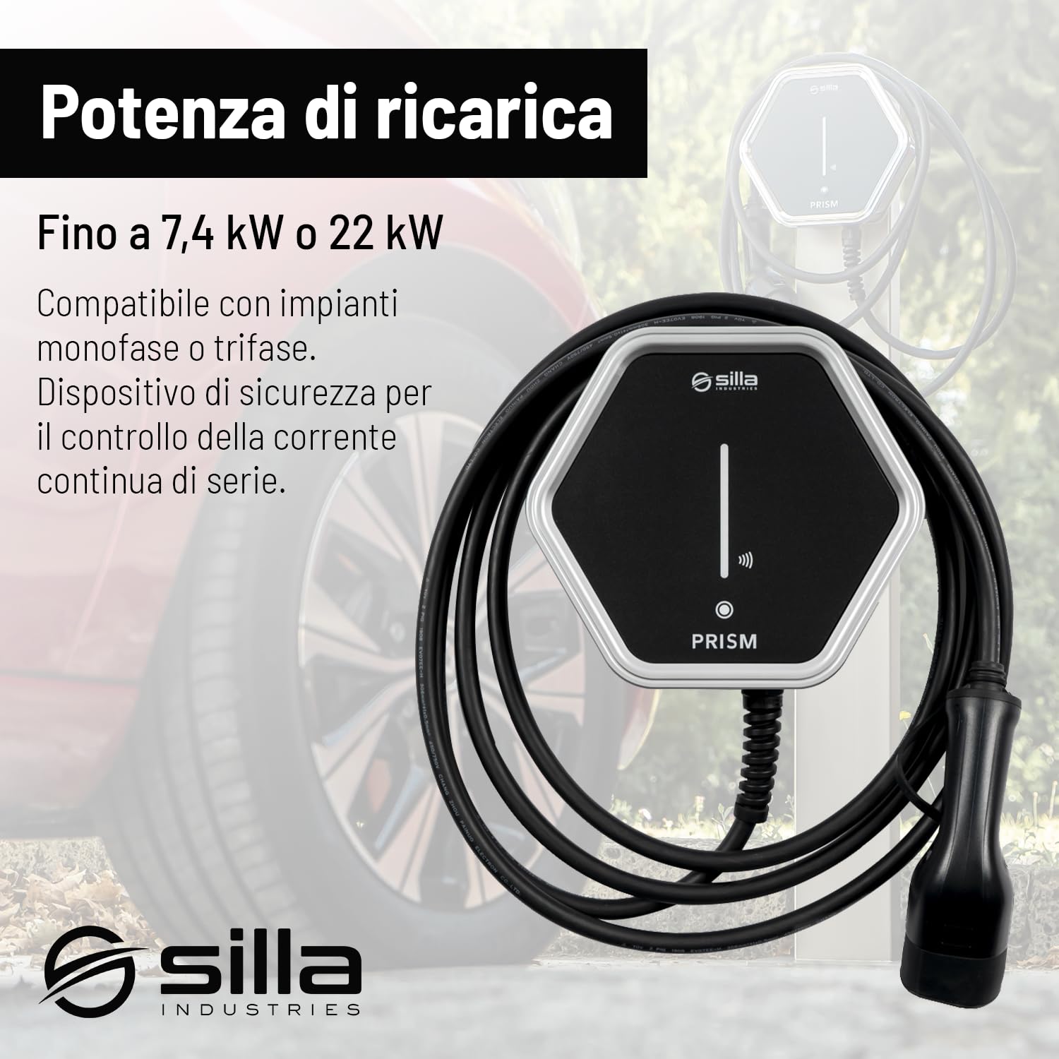 Silla Prism Solar Trifase 22kW Colonnina di Ricarica per Auto Elettriche con Connettore Tipo 2 (Cavo 5m)