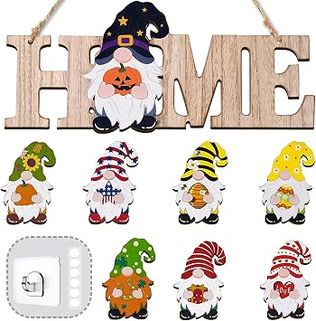 LittleFox 3D Gnome Interchangeable Seasonal Welcome Sign Upgrade Designed DIY with 8pcs Detachable Magnet Holiday Icons, Great for Rustic Farmhouse Decor or Housewarming Gift.
