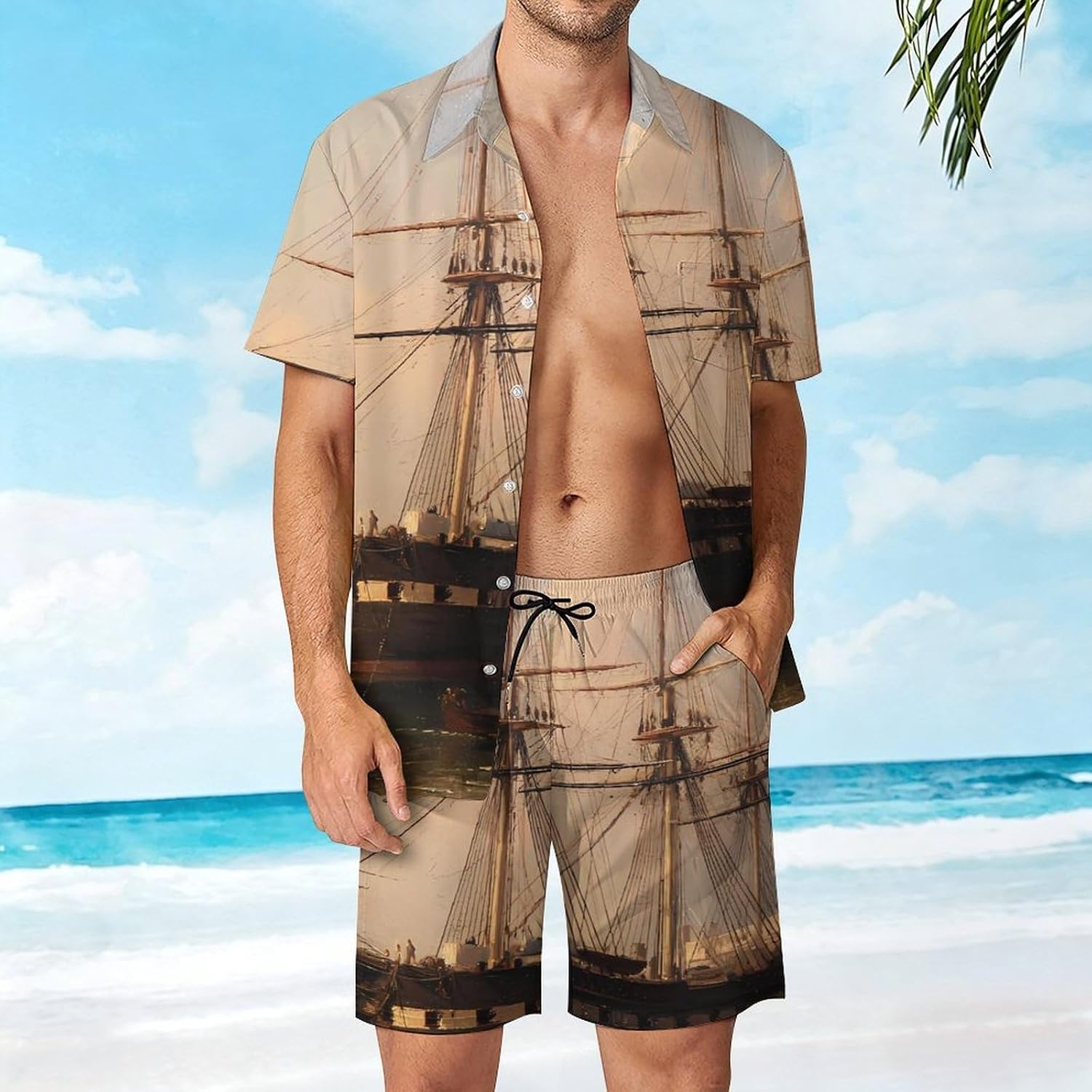 Vintage Ship Ferry Port Men's Summer Beach 2 Piece Outfits | hawaiian button down shirt and shorts,vacation cruise,mens bathing suit