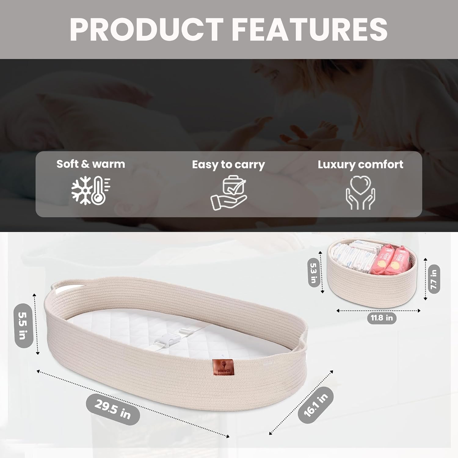 SOSA & CO Baby Changing Basket with Diaper Changing Pad Soft & Waterproof Dual-Cover Moses Baskets and Neutral Muslin Sheet - Diaper Changing Station - Cotton Rope Basket