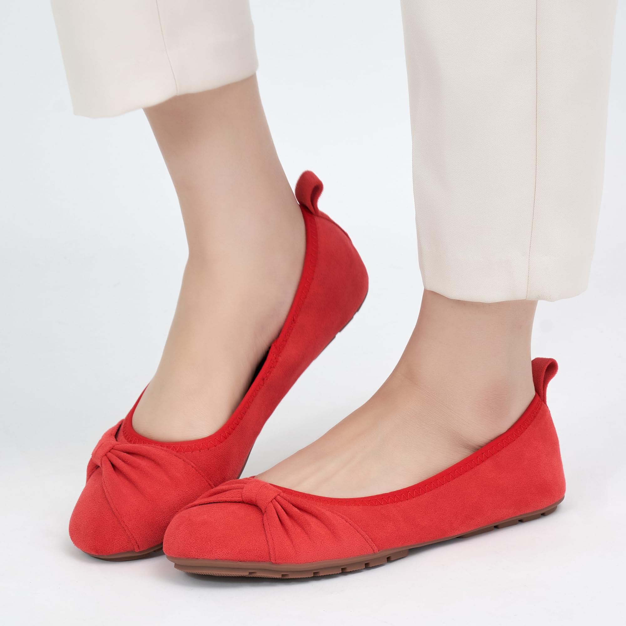 Ecetana Women's Ballet Flats Shoes Dressy Round Toe Bowknot Slip Ons Comfortable Suede Foldable Loafers for Casual Work Business: 7.5 Red