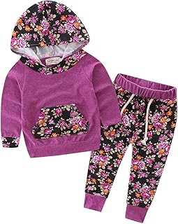 Baby Girls Floral Hoodie+ Floral Pant Set Leggings 2 Piece Outfits for 6M-3Y (6-12Months, Purple-red)