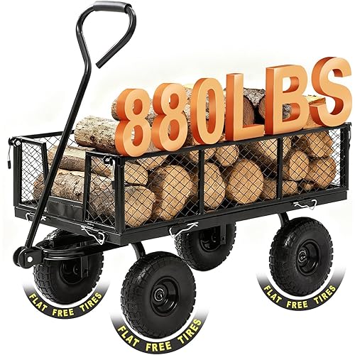 Garden Wagon Cart Heavy Duty 880 LBS Steel Utility Cart with All-Terrains 3.50-4" Solid Wheels 10" Tires, 180° Rotating Handle, Removable Sides, Laser-Welded Frame & Multi-Surface