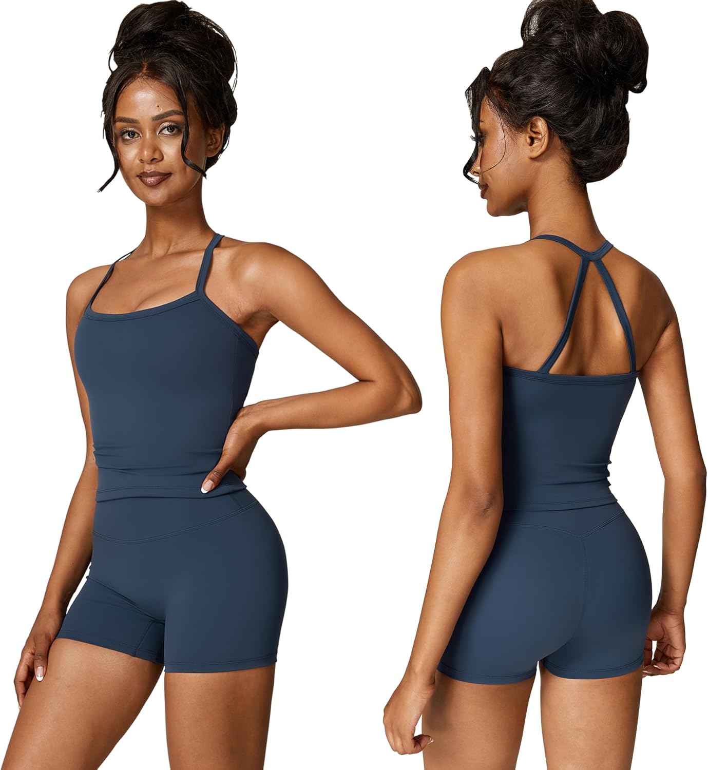 Women 2 Piece Workout Sets (2025 NEW) Yoga Outfit Open Back Tank Top High Waisted Shorts Gym Sets Tracksuits