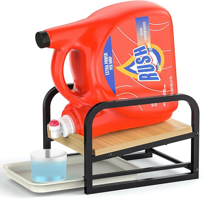 Laundry Detergent Holder Liquid Laundry Detergent Riser, Laundry Detergent Stand, Liquid Detergent Holder with Drip Tray for Laundry Room Organization (Tilted-Black)