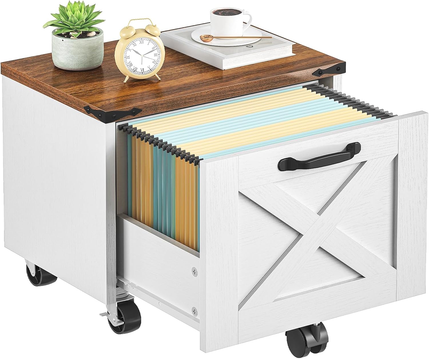 HOOBRO Farmhouse File Cabinet, Small Rolling File Cart Under Desk, 1-Drawer File Cabinet for Home Office, Printer Stand with Drawers, File Organizer Fits A4/Letter Size, White and Walnut, WH34WJ01
