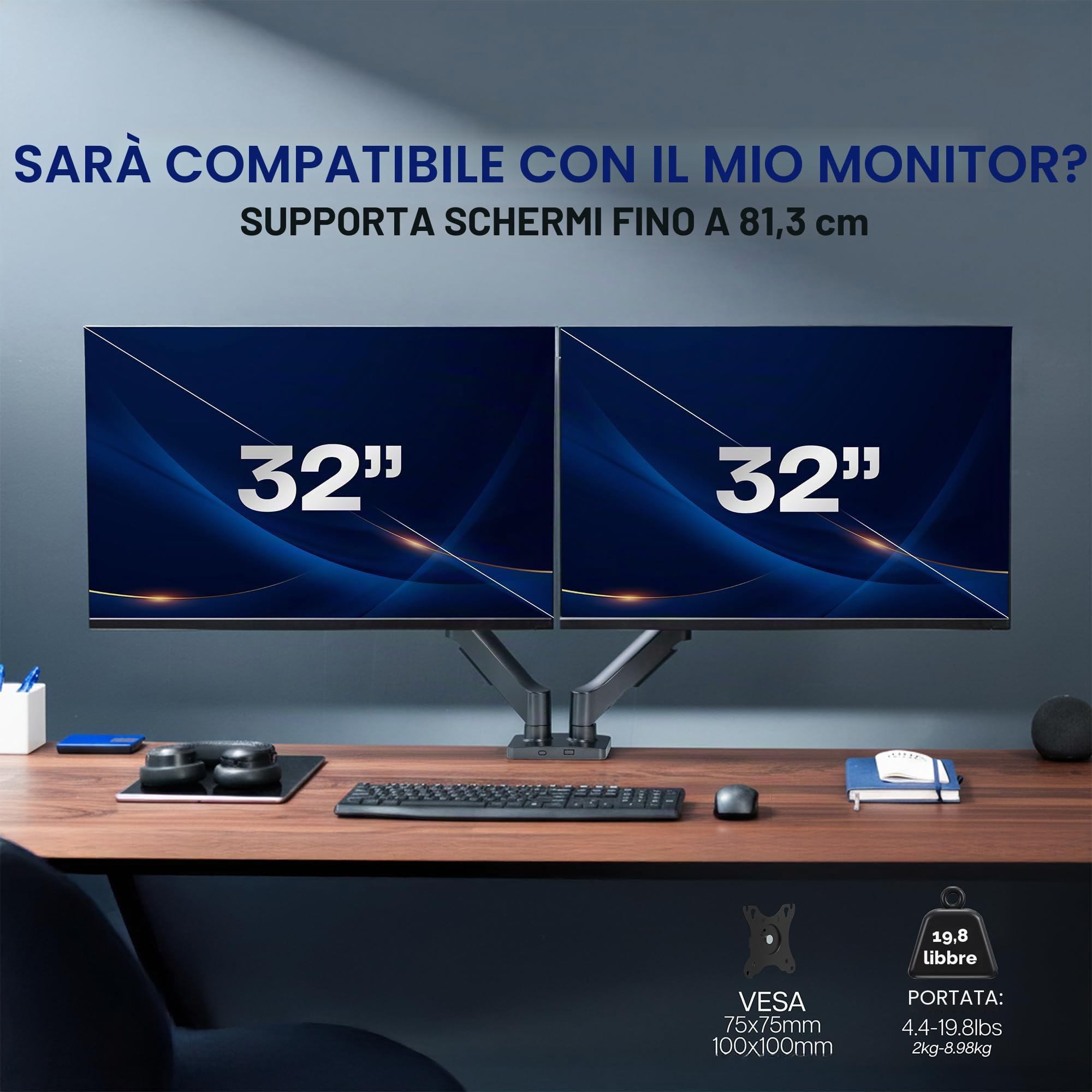 VIVO STAND-V002O - Supporto da scrivania per monitor a doppio braccio, regolabile in altezza, inclinabile, girevole, contrappeso, staffa VESA per la maggior parte degli schermi fino a 32", classico