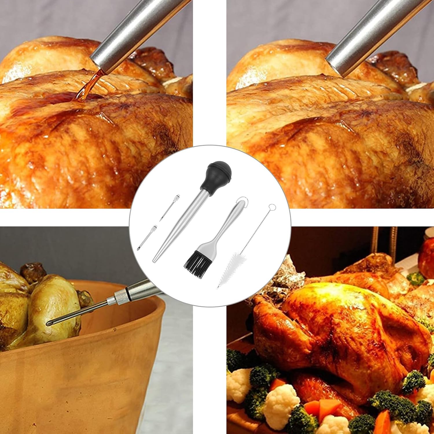 Ipetboom Stainless Steel Turkey Injector with Dual-needle and Cleaning Brush Compact Food Injector for Meat Marinade Convenient Kitchen Gadget for Bbq Thanksgiving and Holiday Cooking